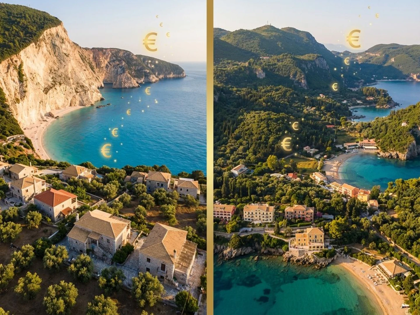 Split-screen aerial view of Greek islands Lefkada and Corfu showing white cliffs, beaches, and Mediterranean architecture