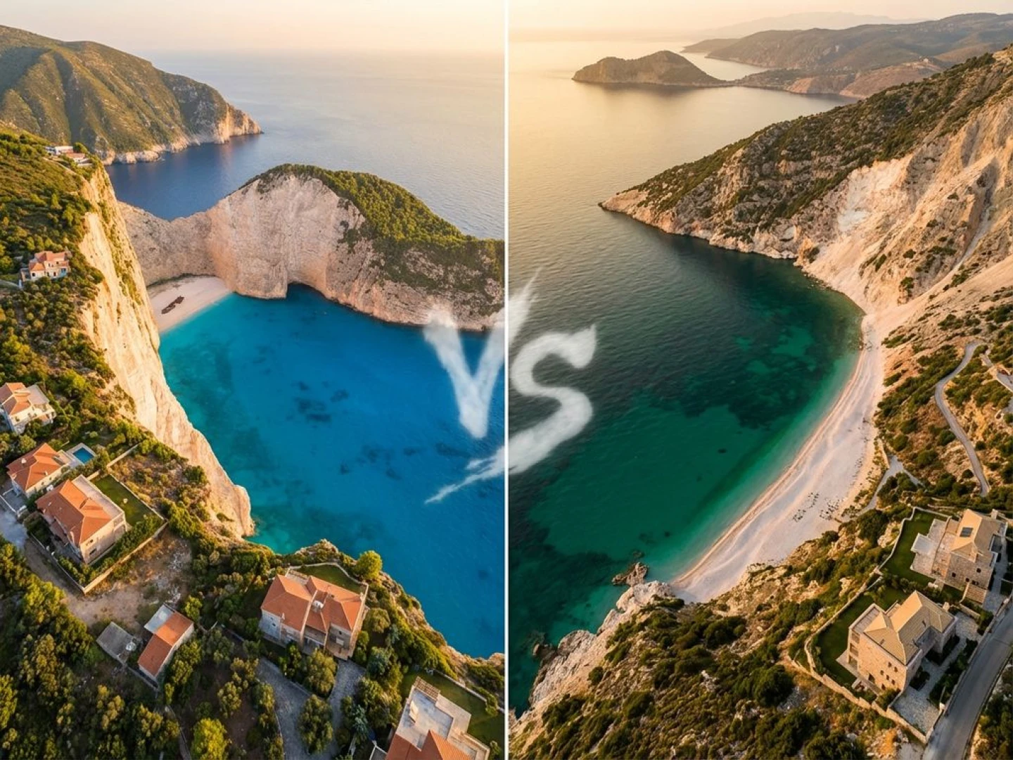 Aerial view comparing Zakynthos Navagio Beach and Kefalonia Myrtos Beach with turquoise waters, white cliffs, and luxury villas