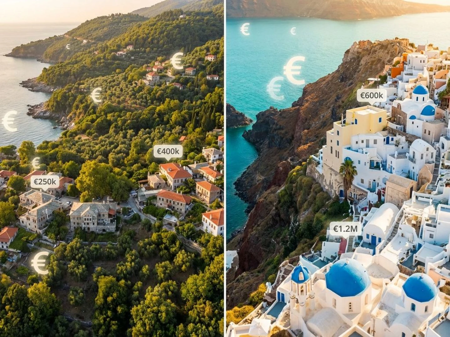 Split-screen aerial view comparing Pelion's green mountainous coastline with stone houses to Greek island's white-blue clifftop buildings, both with euro symbols overlay.
