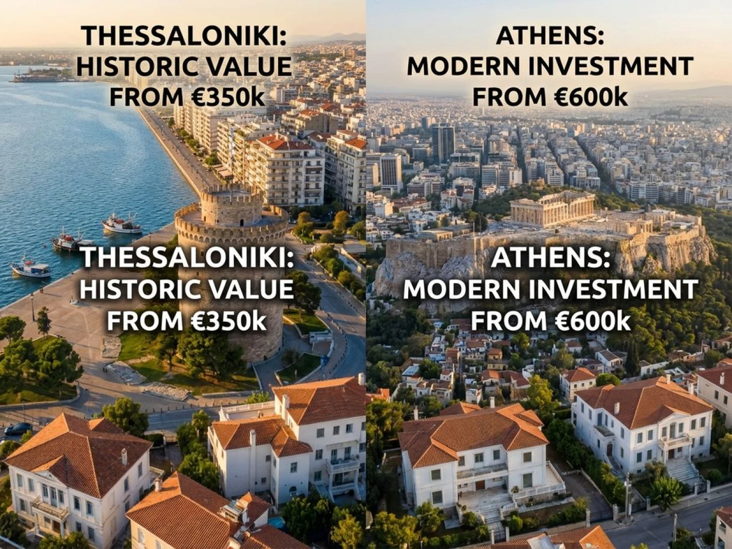Split-screen aerial view of Thessaloniki's White Tower and Athens' Acropolis with Greek residential properties below